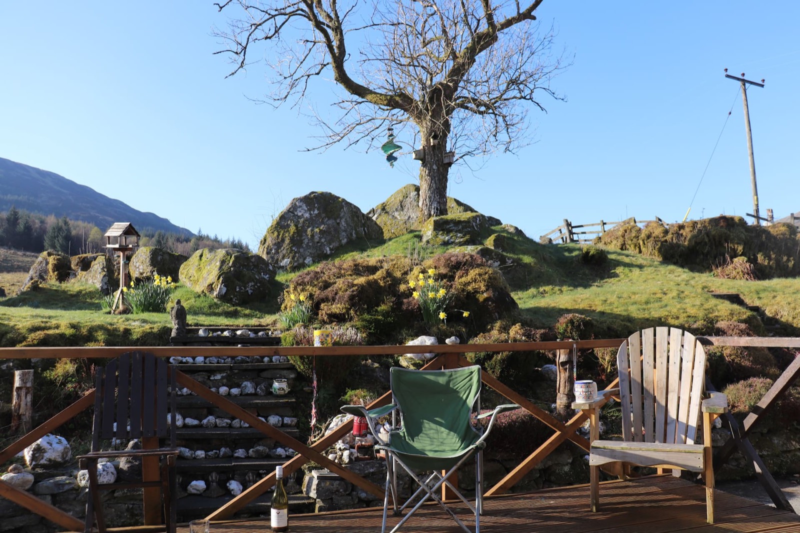 The decking, looking across to the tree on the knoll